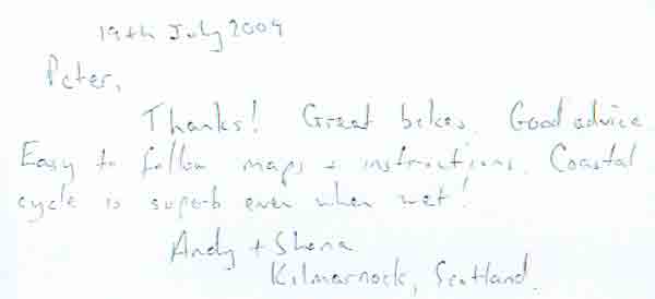 "Thanks!  Great bikes.  Good advice.  Easy to follow map and instructions."